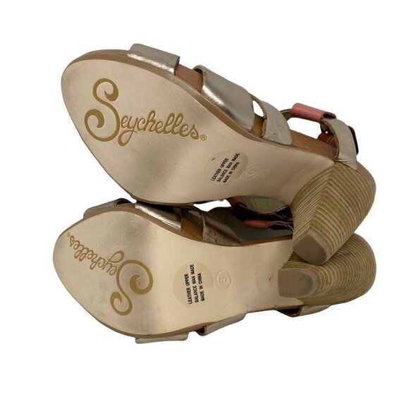 Seychelles Womens Sandal Stacked Heels Shoes Gold Pink Leather Cut Out Buckle 6 - Picture 6 of 10